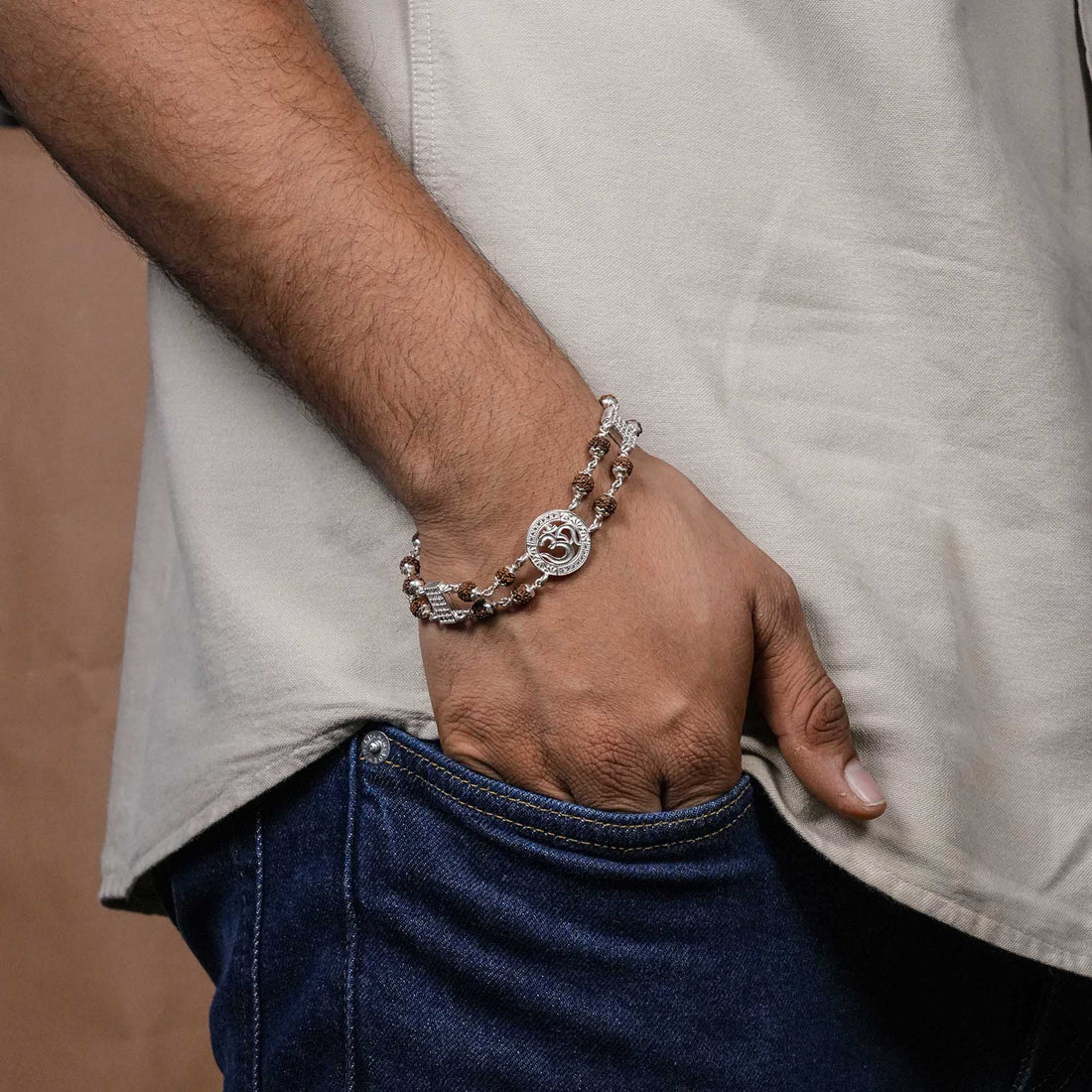 Original Rudraksha Silver Bracelet with Central Om in Circular Sphere Double Line for Men