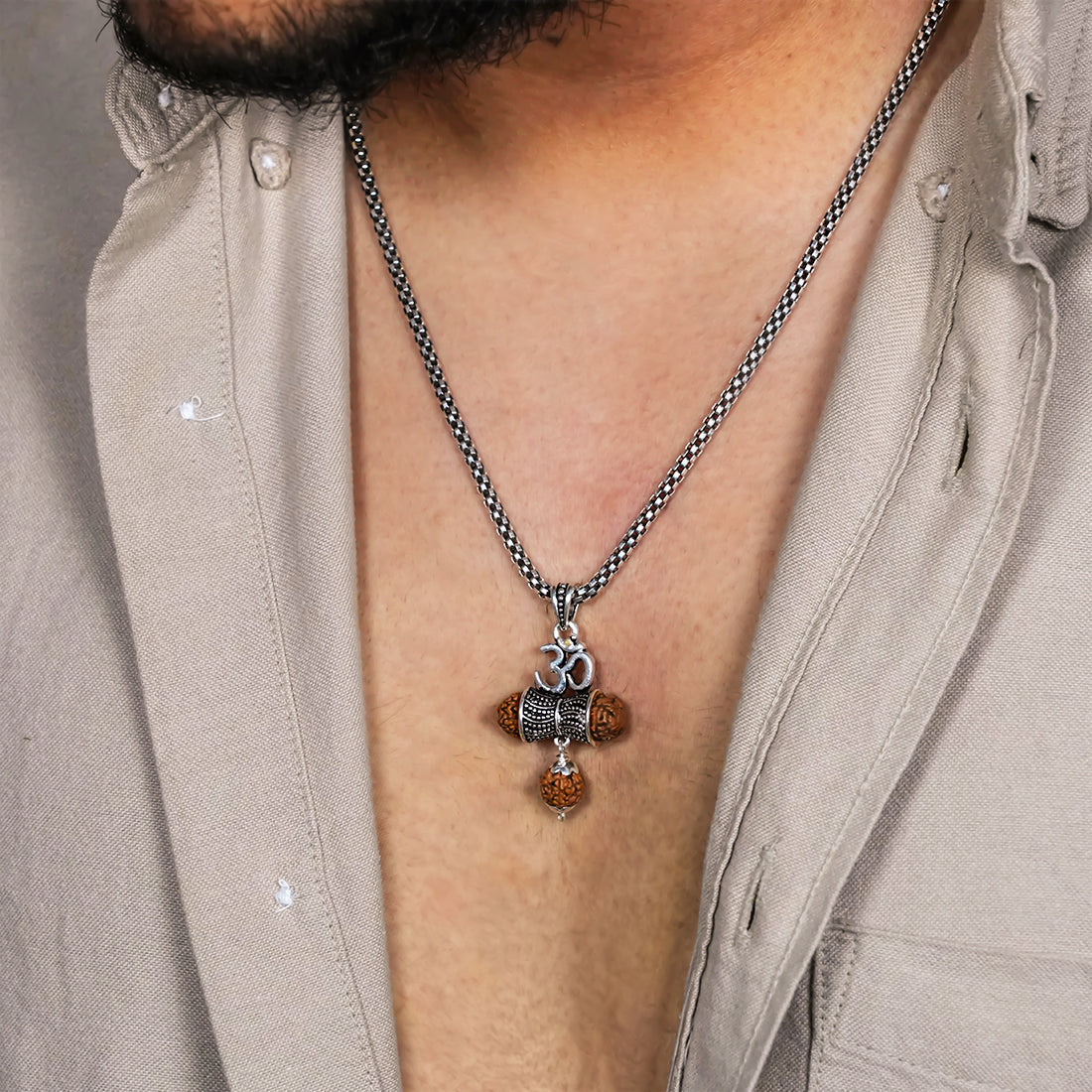 Authentic Rudraksha Om Damaru Pendants with Silver Chain