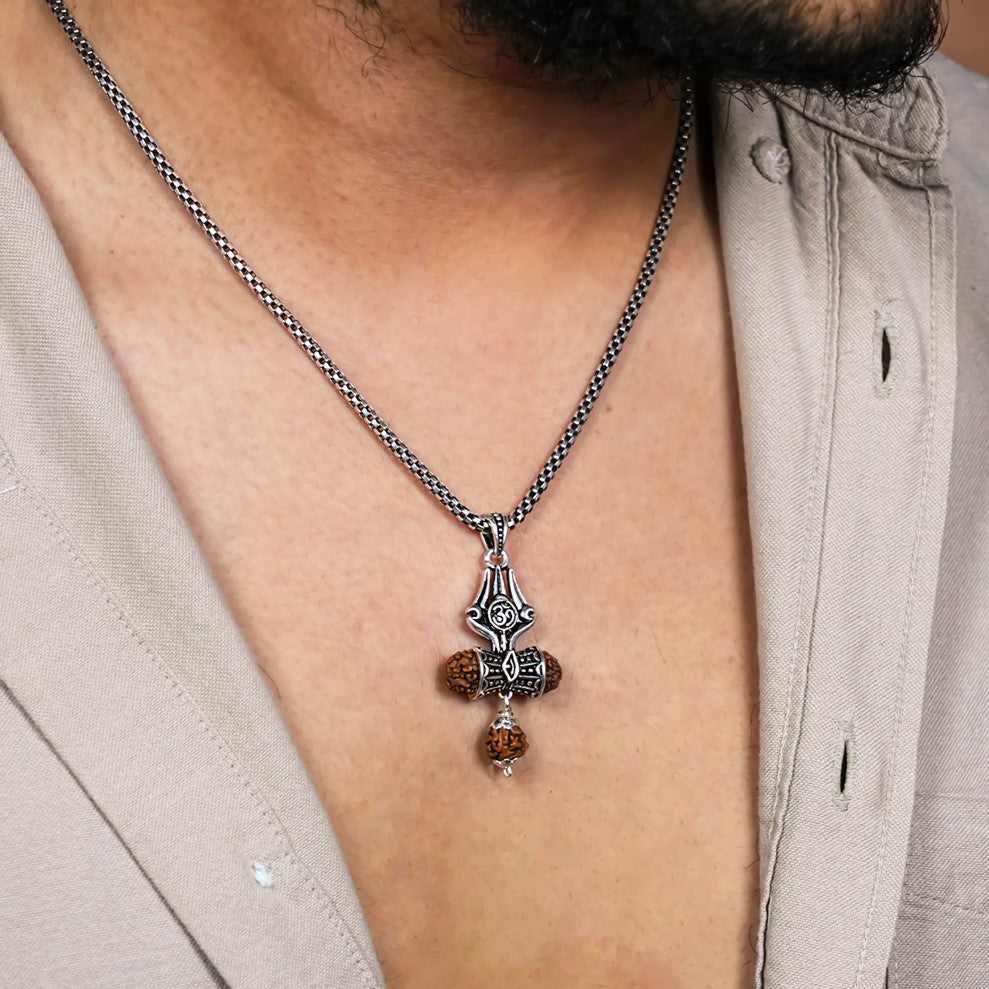 Authentic Rudraksha Trishul Om Damru Pendant With Silver Chain