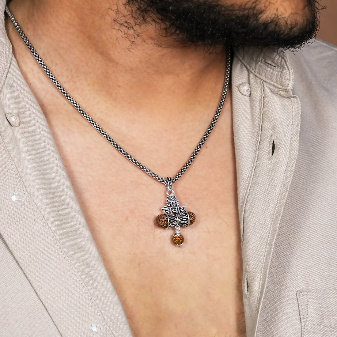 Authentic Rudraksha Om Namah Shivay Damru Pendant with Silver Chain