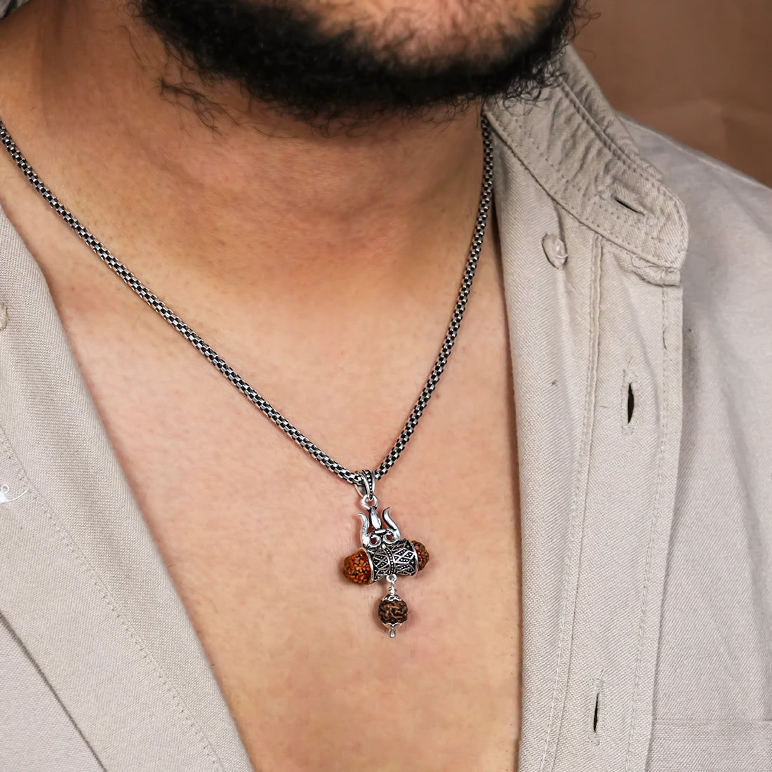 Orignal Rudraksha Trishul and Damru Pendant with Silver Chain