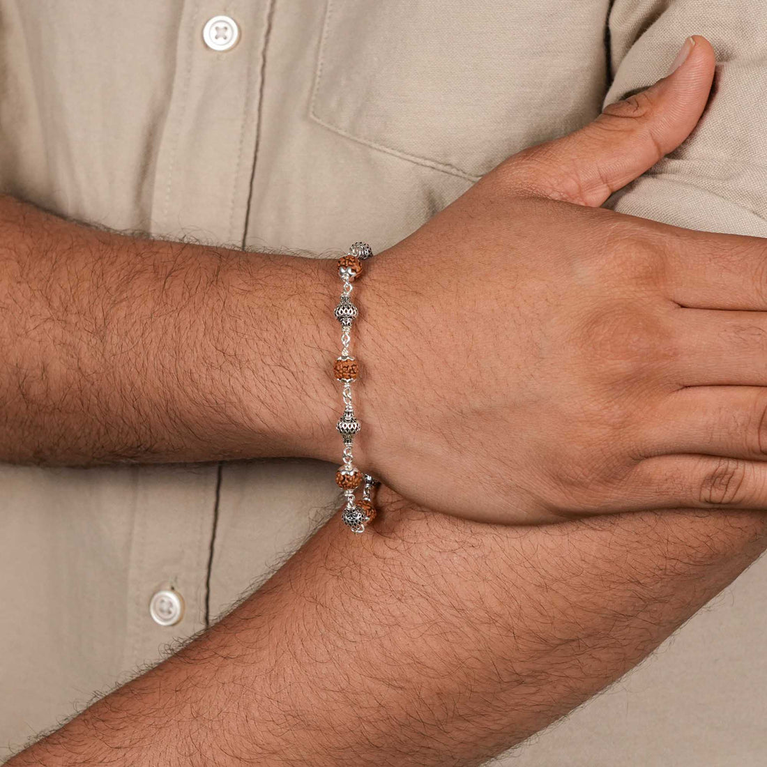 Authentic Rudraksha and Hollow Mesh Silver Beads Bracelet