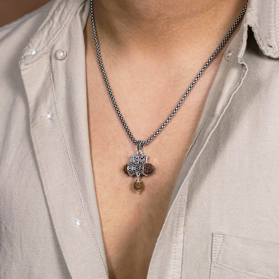 Authentic Rudraksha Mahadev Damru Pendant with Silver Chain