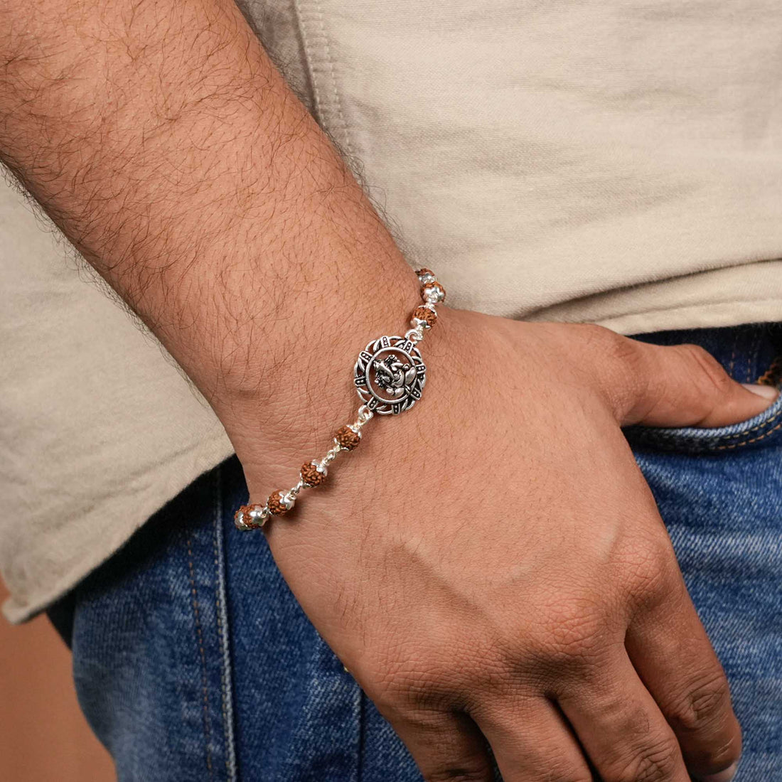 Authentic Rudraksha Silver Bracelet With Ganesh in a Circular Sphere
