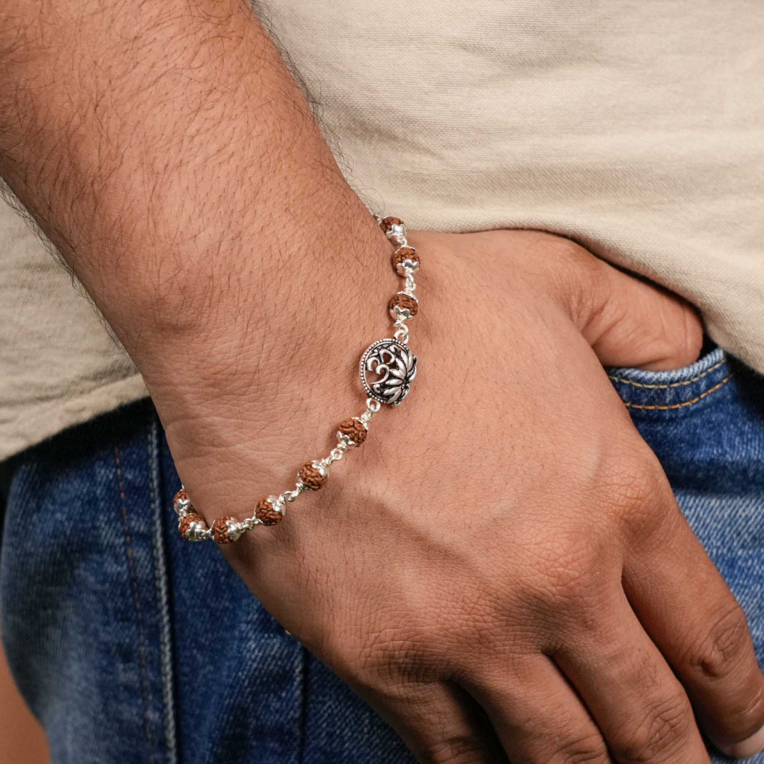 Authentic Rudraksha Silver With Om Lotus Flower Bracelet