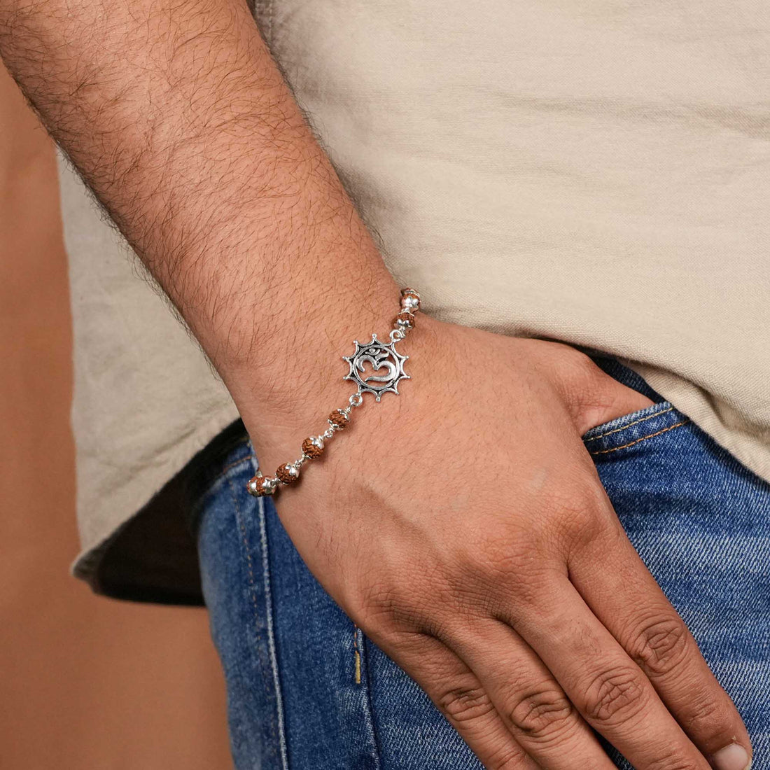 Authentic Rudraksha Silver Bracelet with Om in Pointed Circle