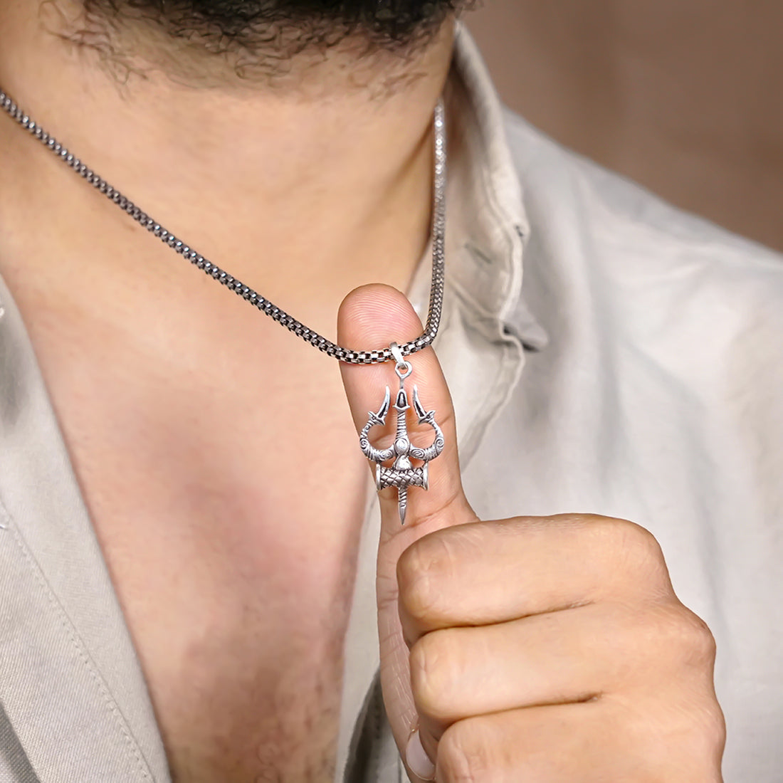 Organic Silver Trishul Pendant with Chain