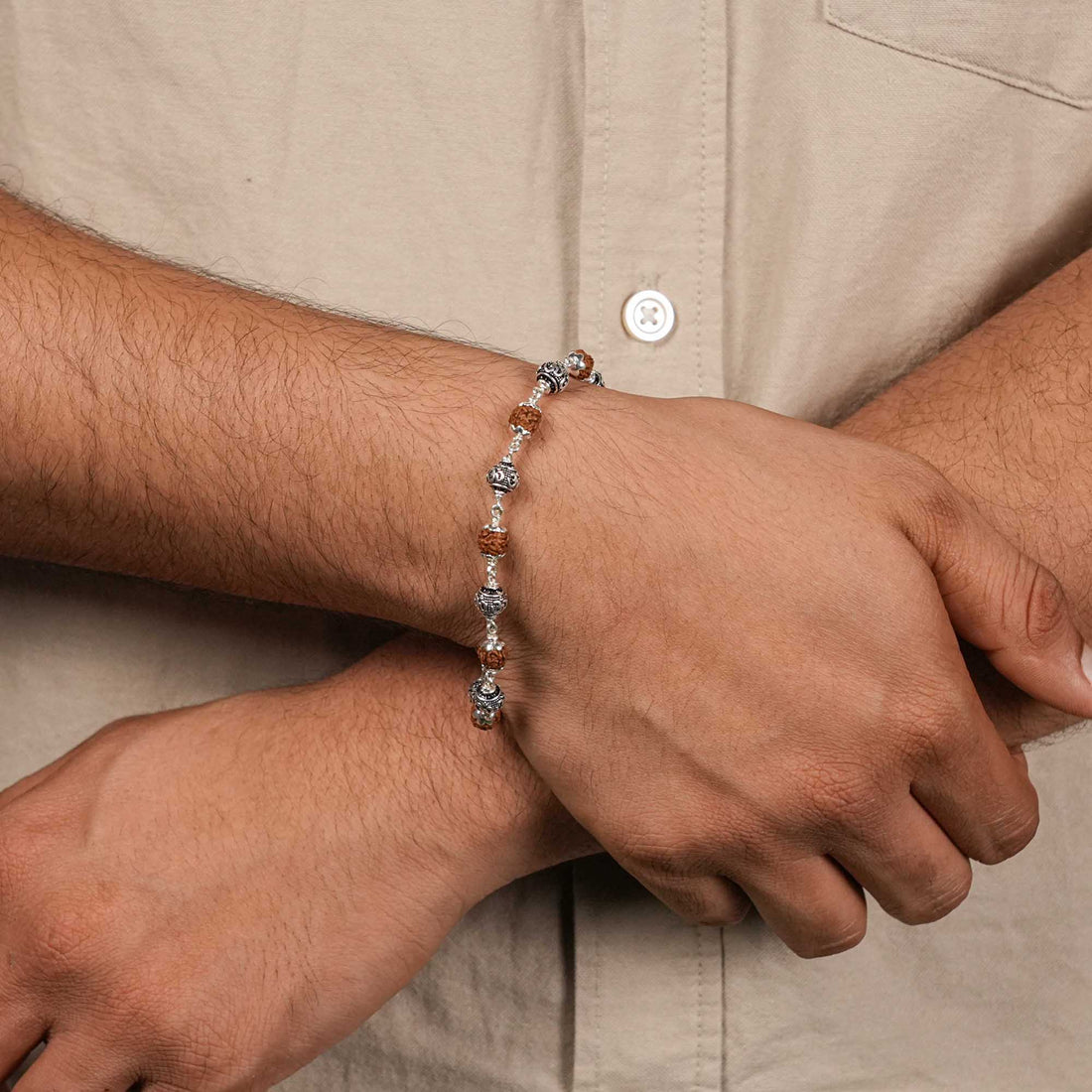 Rudraksha Silver Om Beads Bracelet