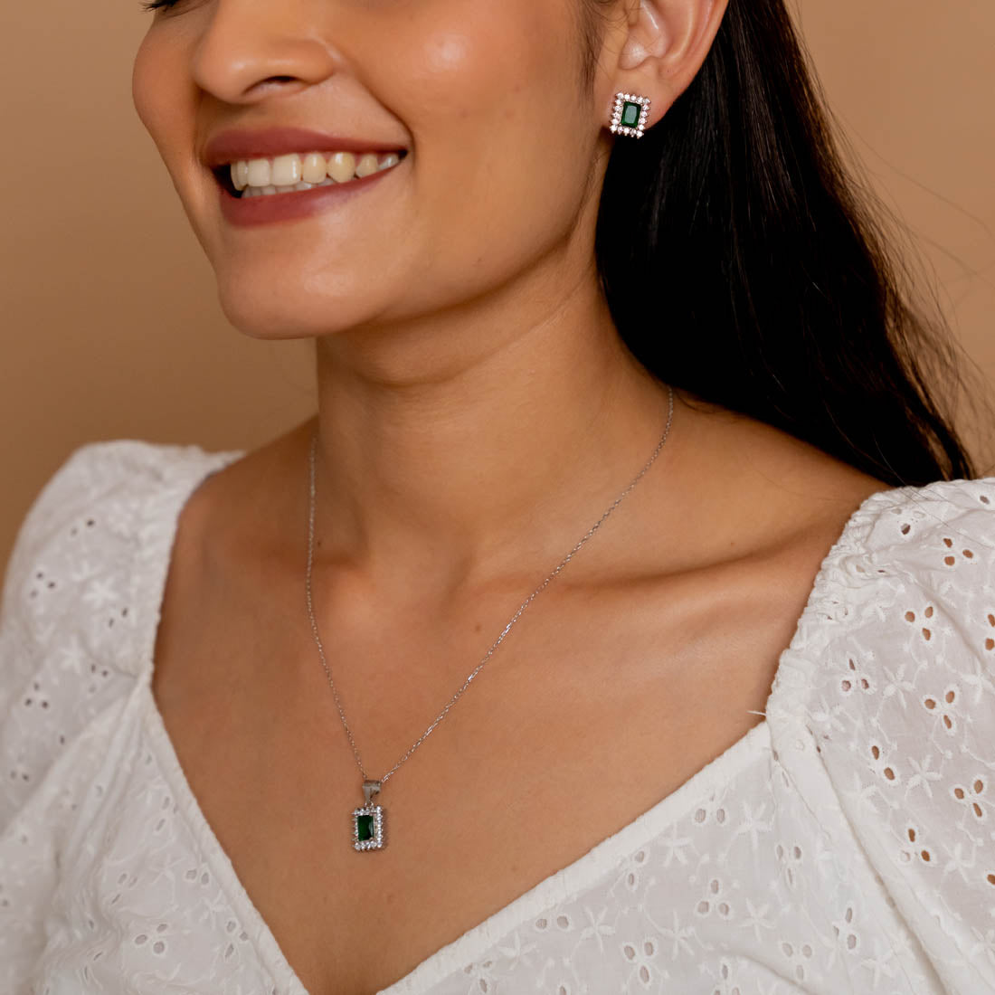 Silver Set Chain Rectangular Pendant with Earrings with Green Stones for Women