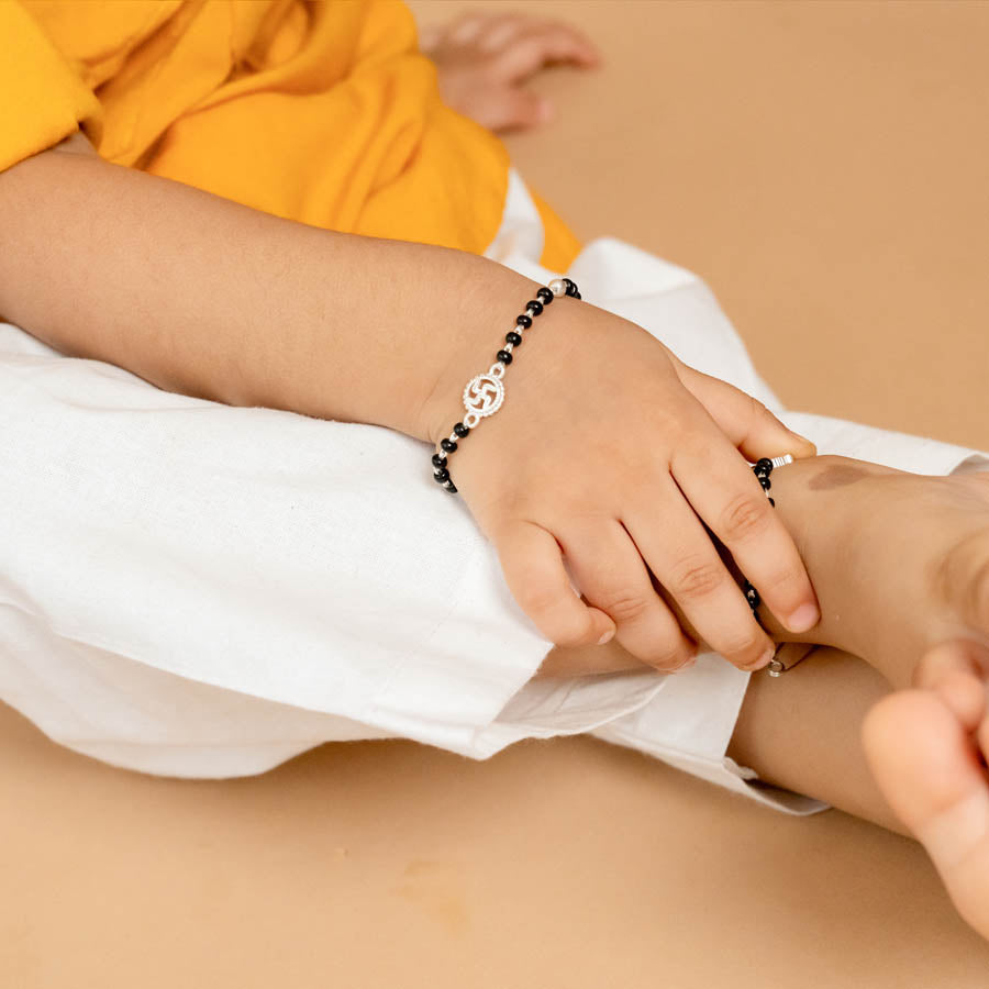 Orignal Black Beads and Silver Swastik Nazariya for Kids