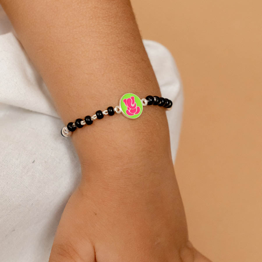 Orignal Black Beads Pink Ganesh Silver Nazariya for Kids