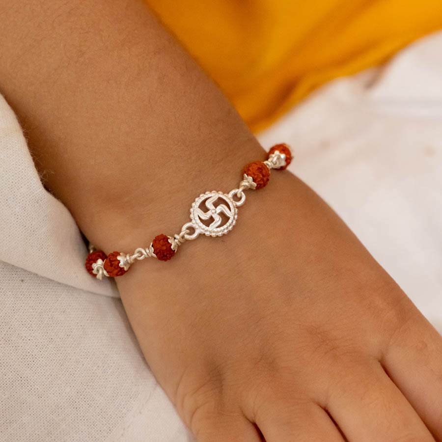 Rudraksha Silver Bracelet with Om Single Line for Kids