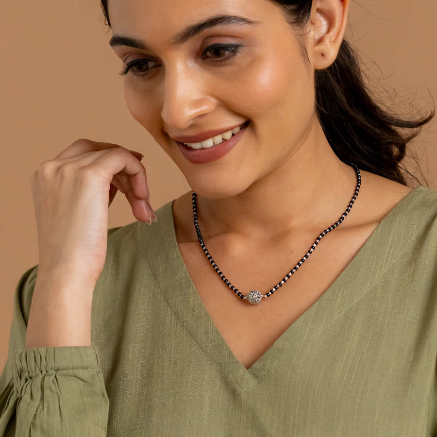 Orignal Real Black Beads Mangal Sutra with Beaded Silver Circular Pendant for Women