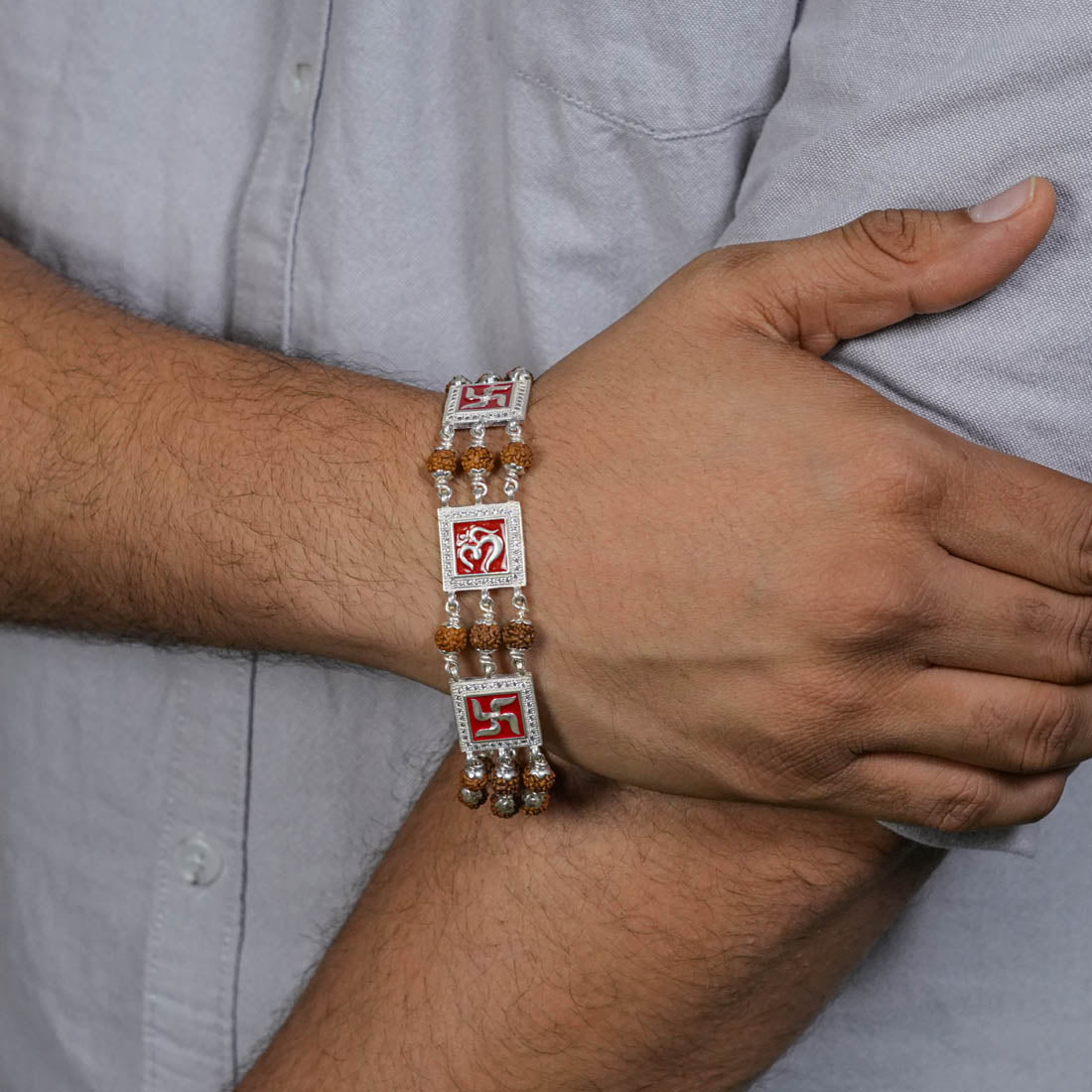 Rudraksha Silver Om With Swastik Tripal Line Bracelet