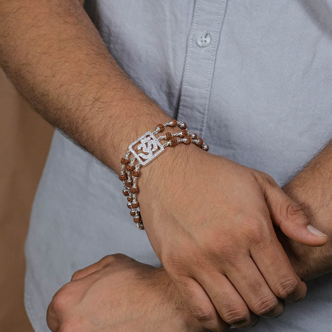 Rudraksha Silver Om Triple Line Bracelet