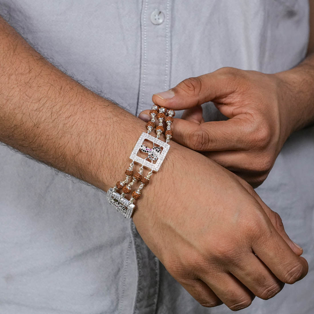Orignal Rudraksha Silver Two Goga Triple Line Bracelet