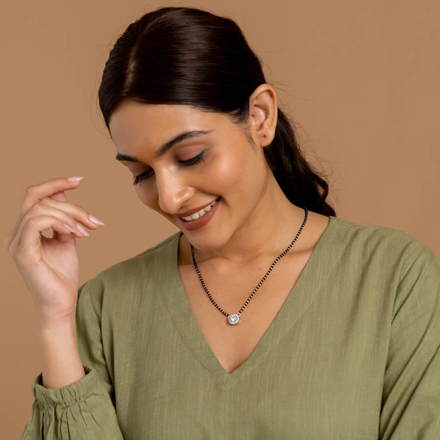 Organic Solitaire Round Shape Mangalsutra in Silver 92.5