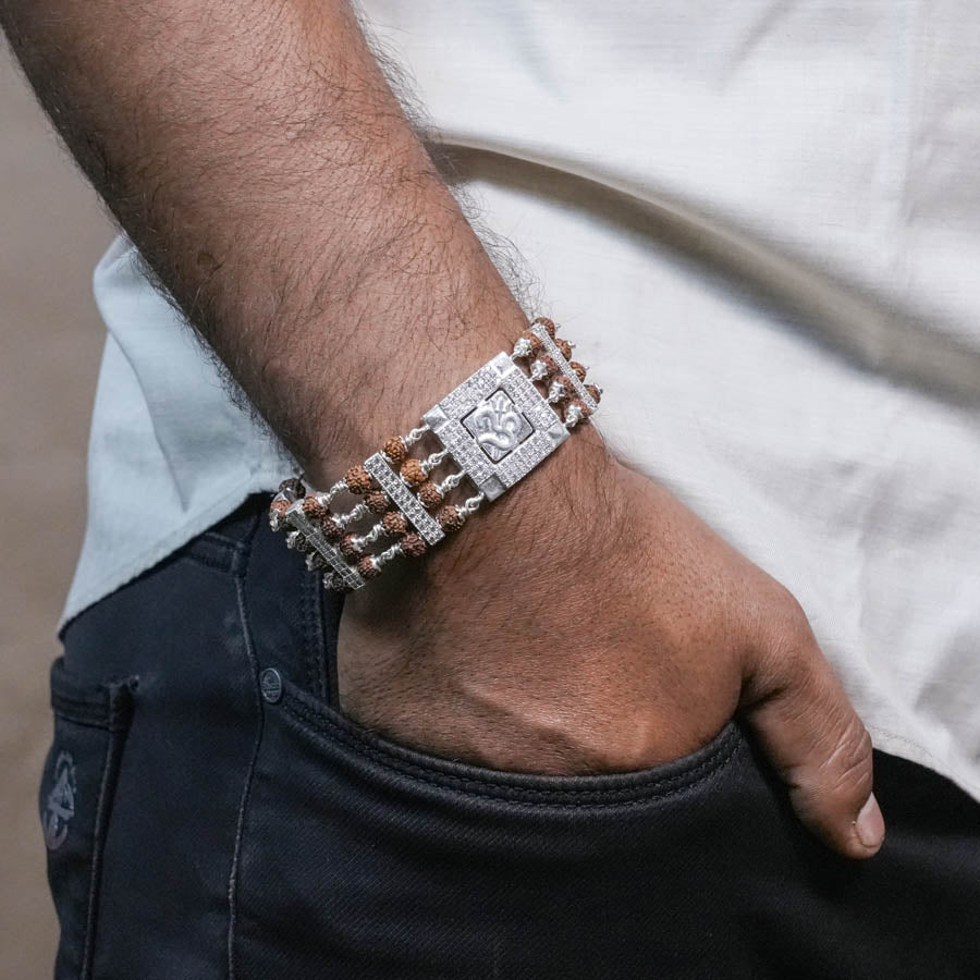 Rudraksha Silver Trishul With Om Four Line Bracelet