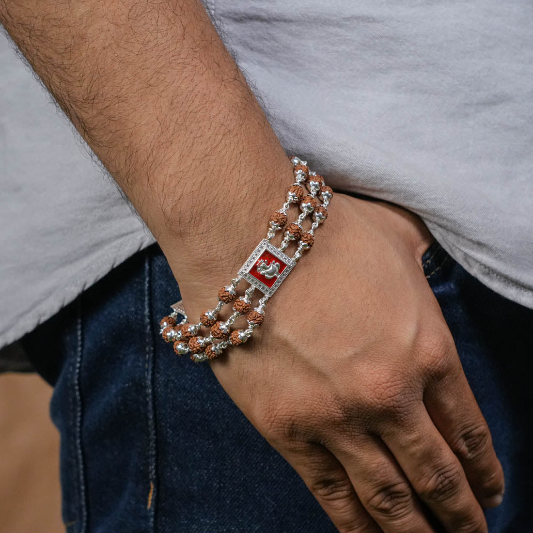 Orignal Rudraksha Silver Ganesh in Red Triple Line Bracelet