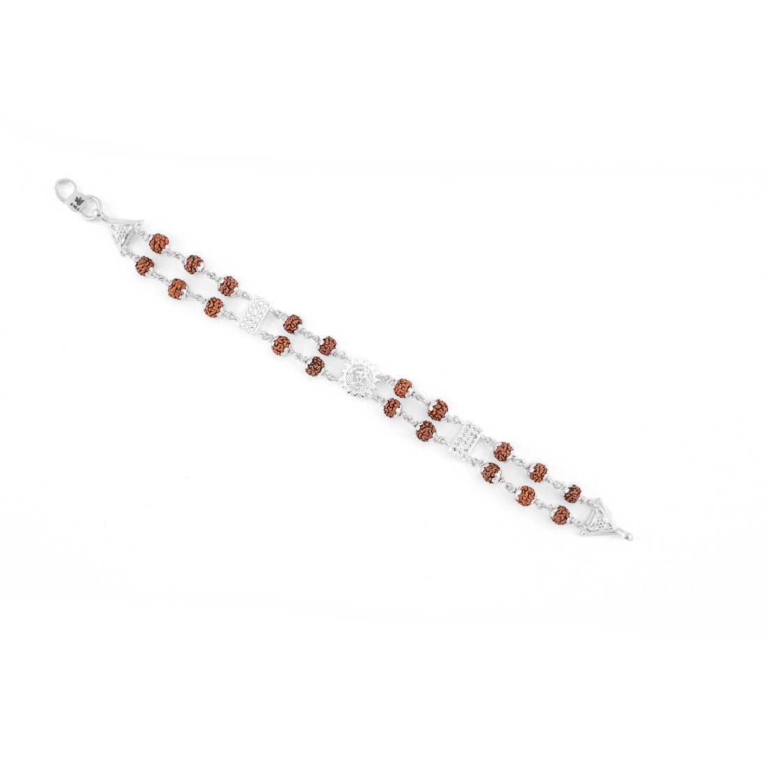 Silver Rakhi with Rudraksha, Om Flower Brooch, Double Line Bracelet