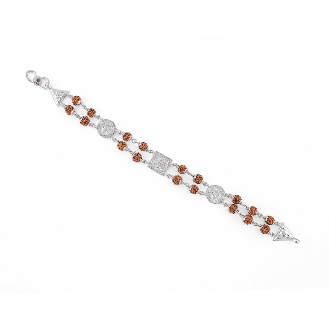 Silver Rakhi with Rudraksha, Om, and Ganesh, Double Line Design
