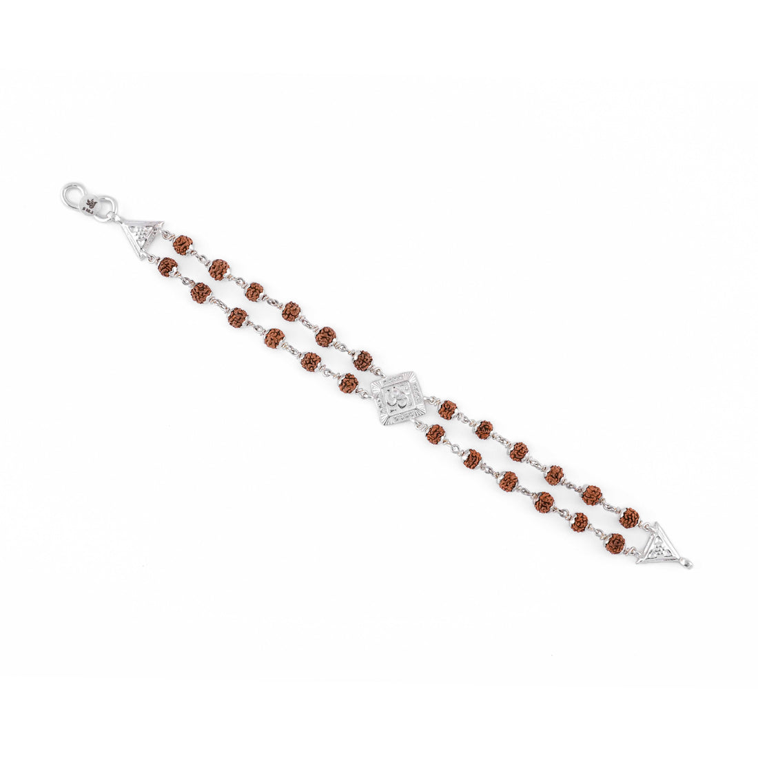 Silver Rakhi with Rudraksha, Om, and Rhombus Double Line Design