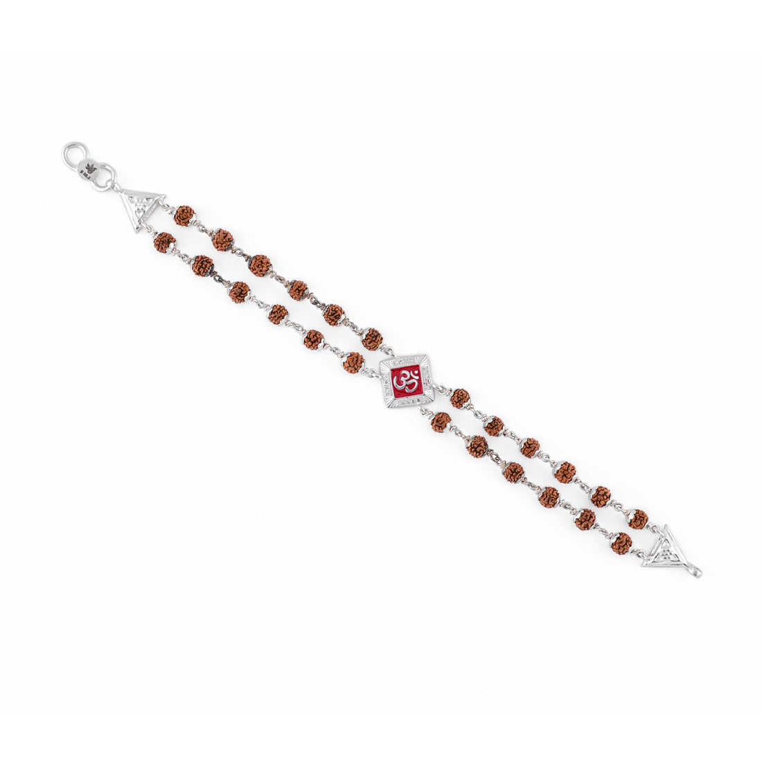 Silver Rakhi with Rudraksha and Om, Red-Colored Double Line Design