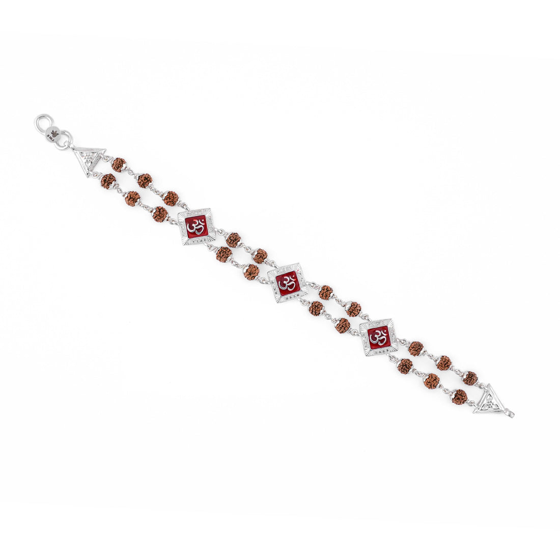 Silver Rakhi with Rudraksha, Om, and Three Rhombus Brooches, Double Line Design