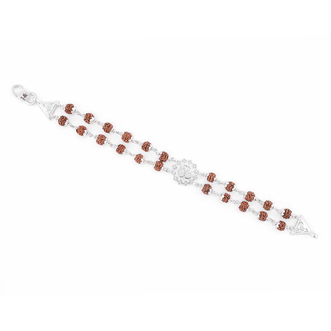 Silver Rakhi with Rudraksha, Om Flower Design, Double Line Bracelet