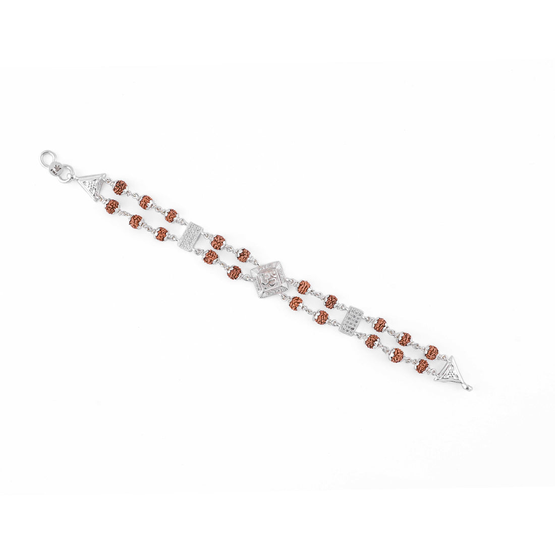 Classy Silver Rakhi with Rudraksha, Om Brooch, Double Line Bracelet
