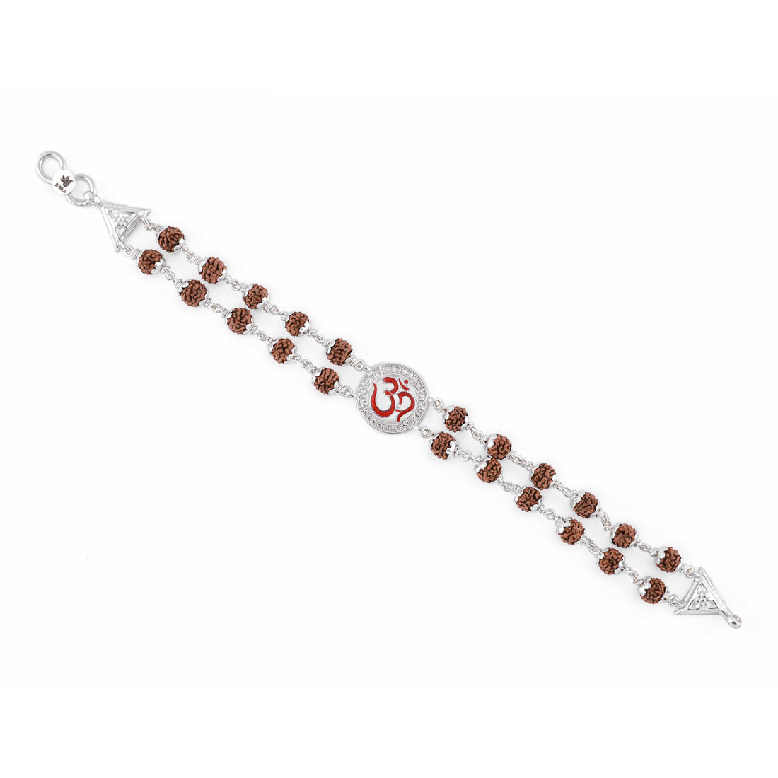 Silver Rakhi with Rudraksha, Om in Round Shape, Double Line Bracelet