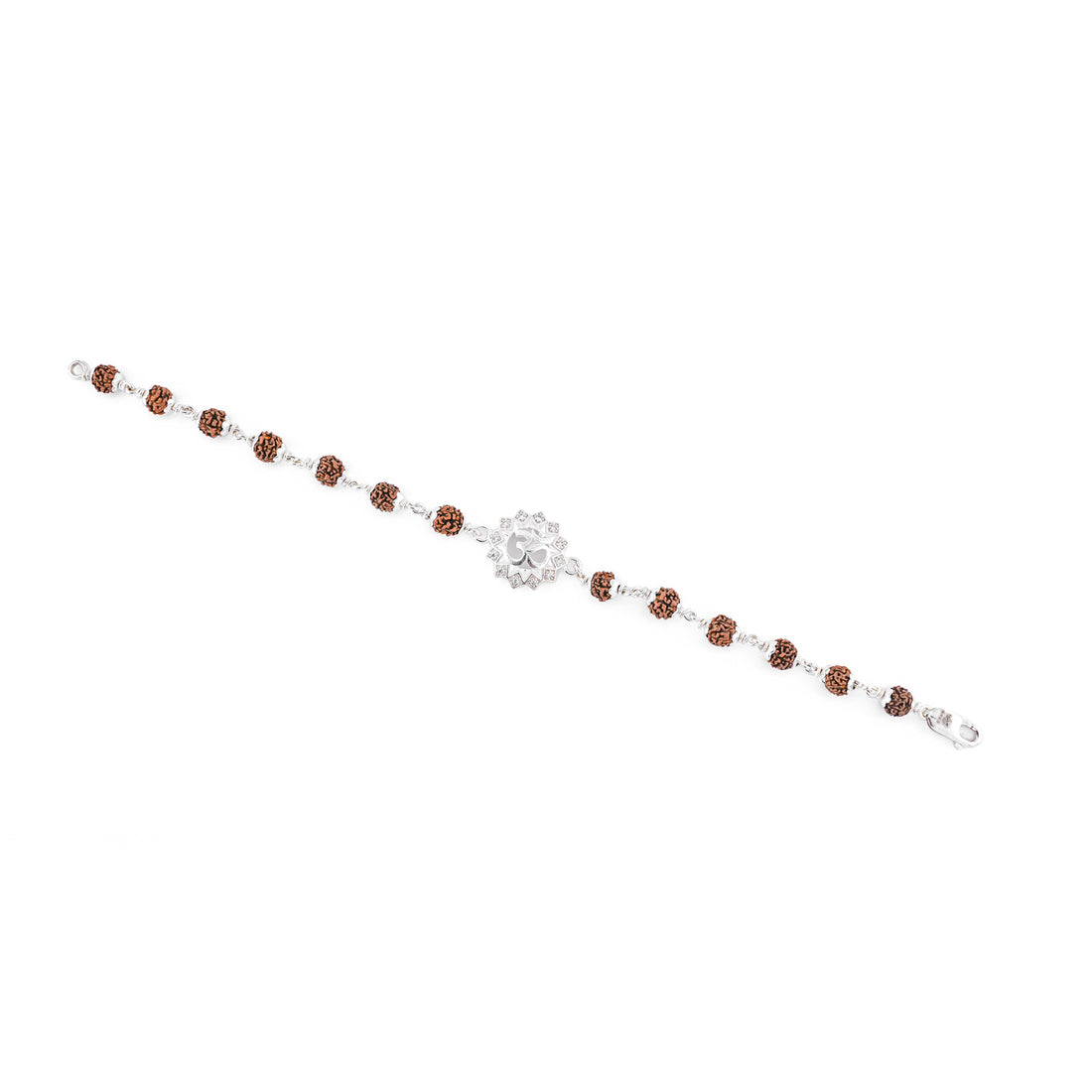 Silver Rakhi with Om in a Concave Sphere and Single Line Rudraksha