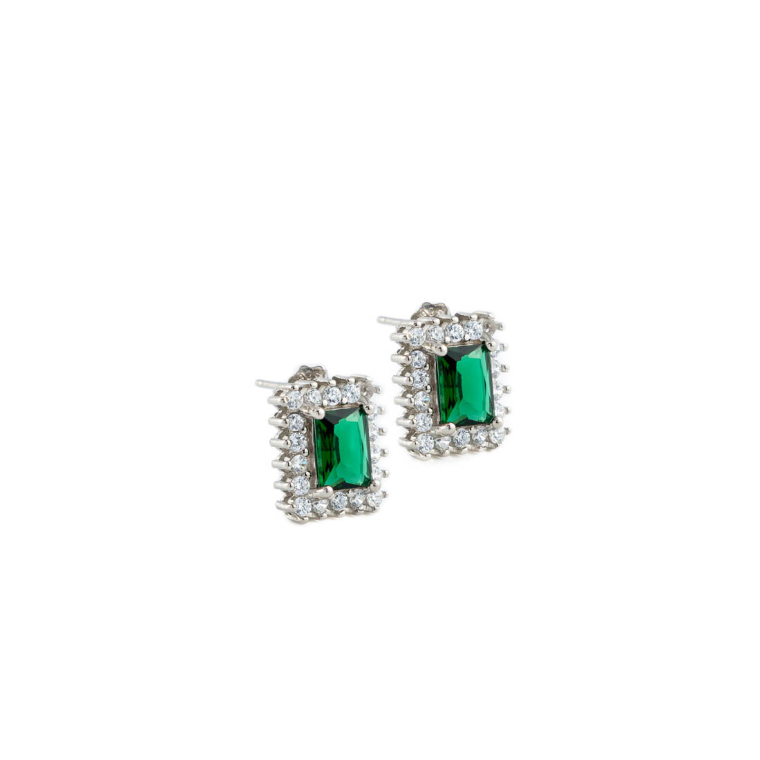 Silver Set Chain Rectangular Pendant with Earrings with Green Stones for Women