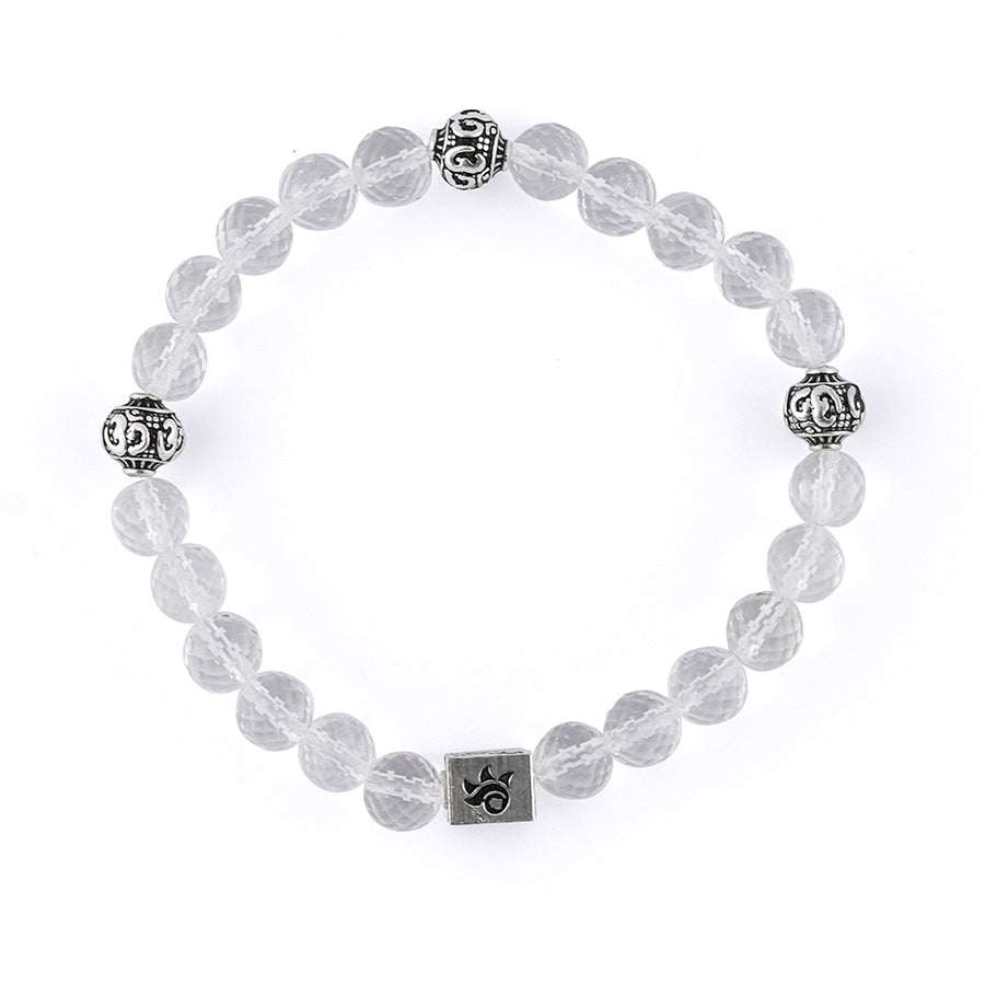 Sphatik Diamond Cut Beads with Om Silver Beads Bracelet