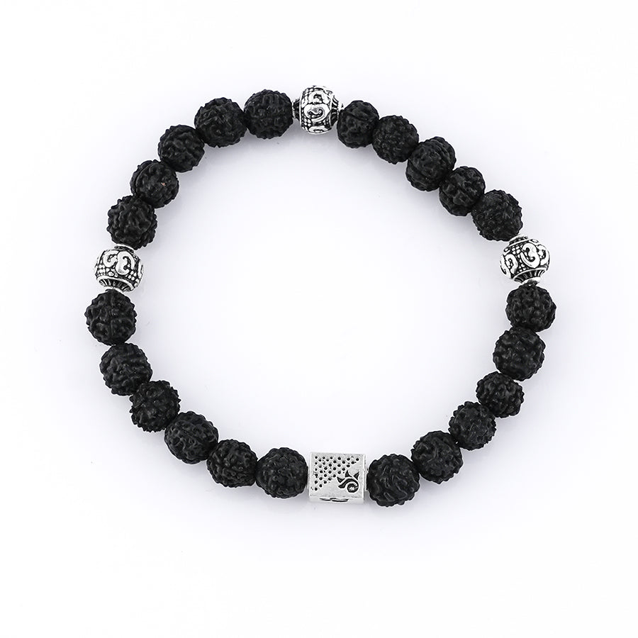 Black Rudraksha and Om Silver Beads Bracelet