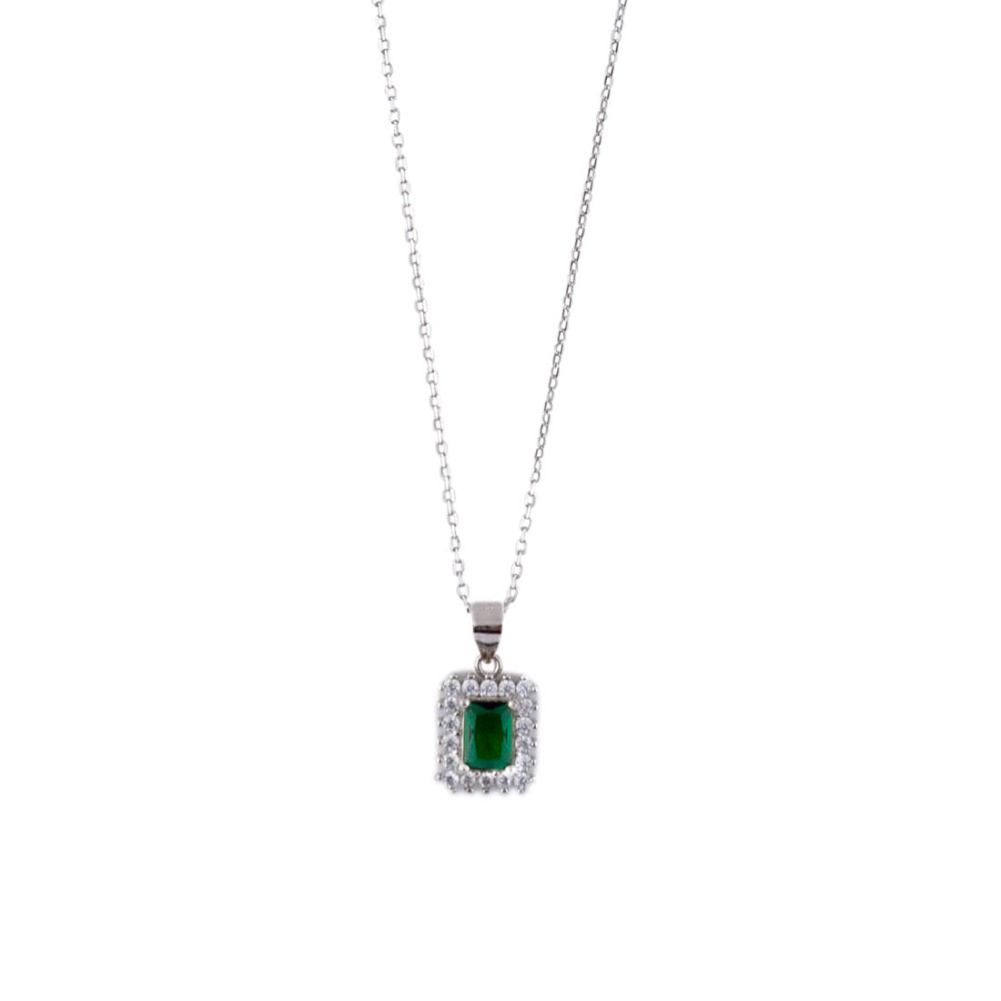 Silver Set Chain Rectangular Pendant with Earrings with Green Stones for Women