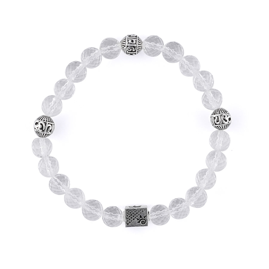 Sphatik Diamond Cut Beads with Om Namah Shivay Silver Beads Bracelet