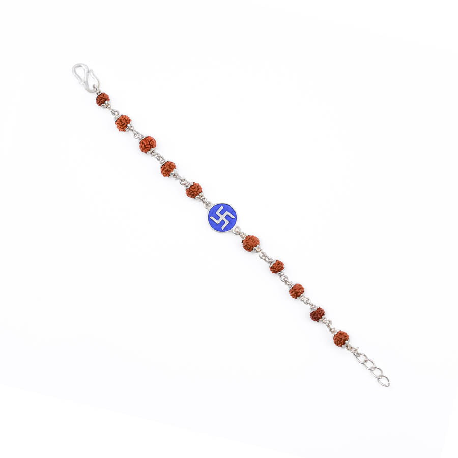 Rudraksha Silver Bracelet with Blue Swastik Single Line for Kids
