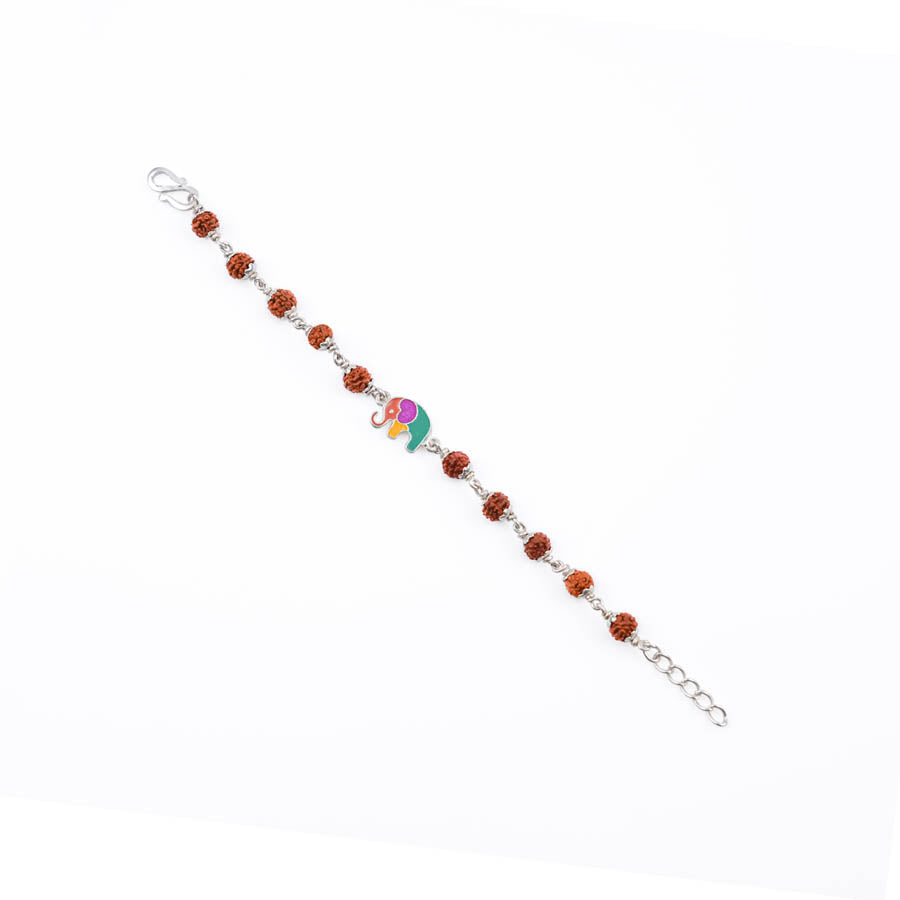 Rudraksha Silver Bracelet with Multicolor Elephant Single Line for Kids