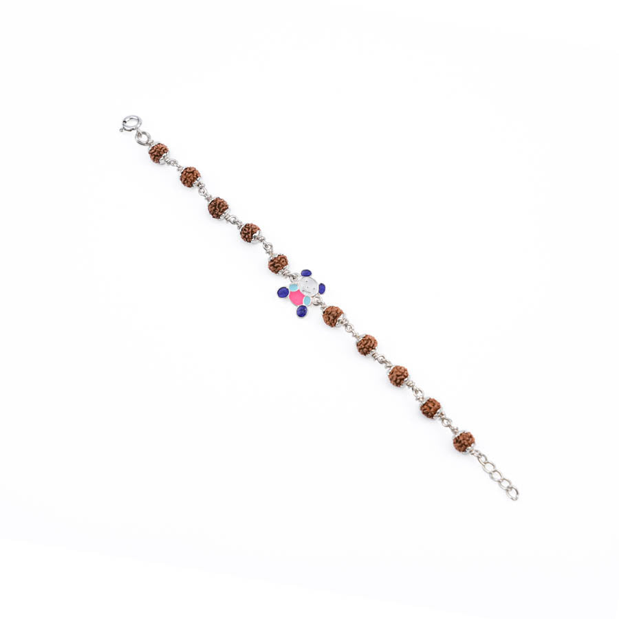 Rudraksha Silver Bracelet with Colorful Teddy Bear Single Line for Kids