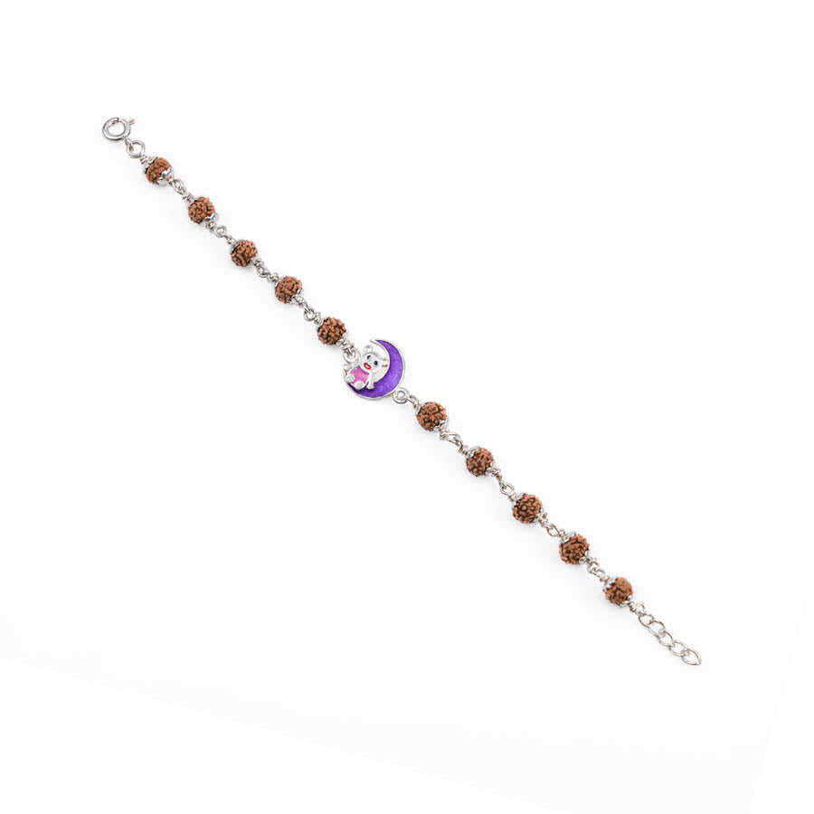 Rudraksha Silver Bracelet with Teddy and Moon Single Line for Kids