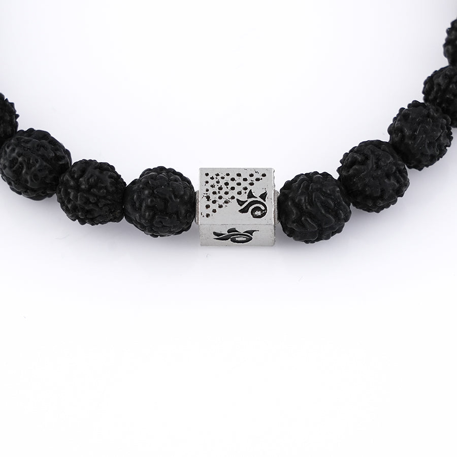 Black Rudraksha and Om Silver Beads Bracelet