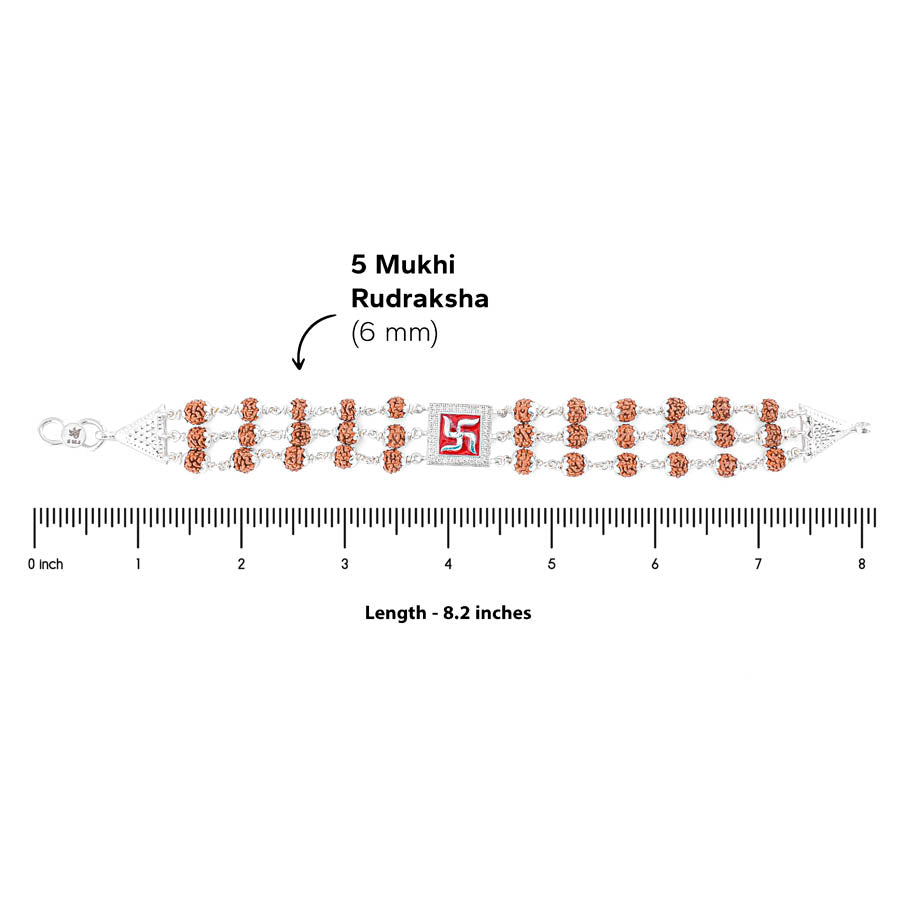 Rudraksha Silver Swastik in Red Triple Line Bracelet
