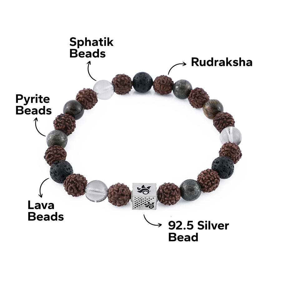 Rudraksha with Lava, Pyrite & Sphatik Beads Bracelet