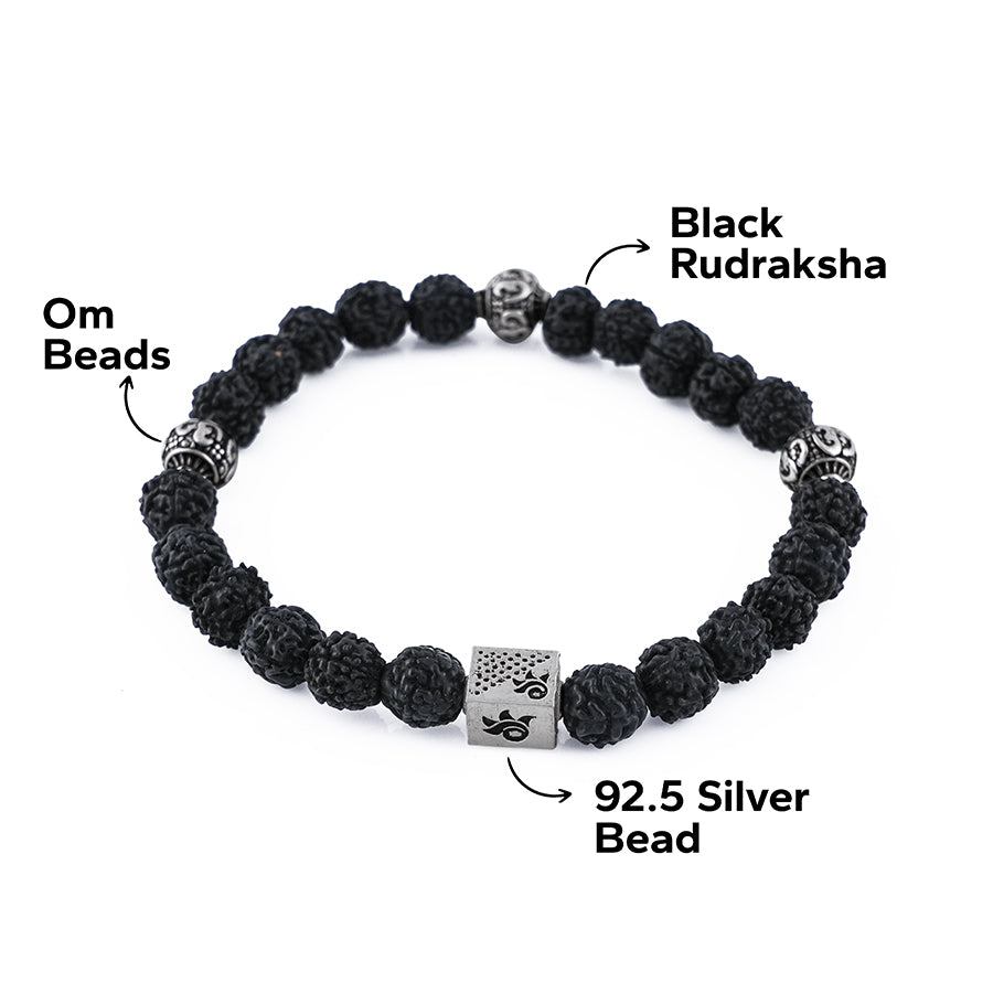 Black Rudraksha and Om Silver Beads Bracelet