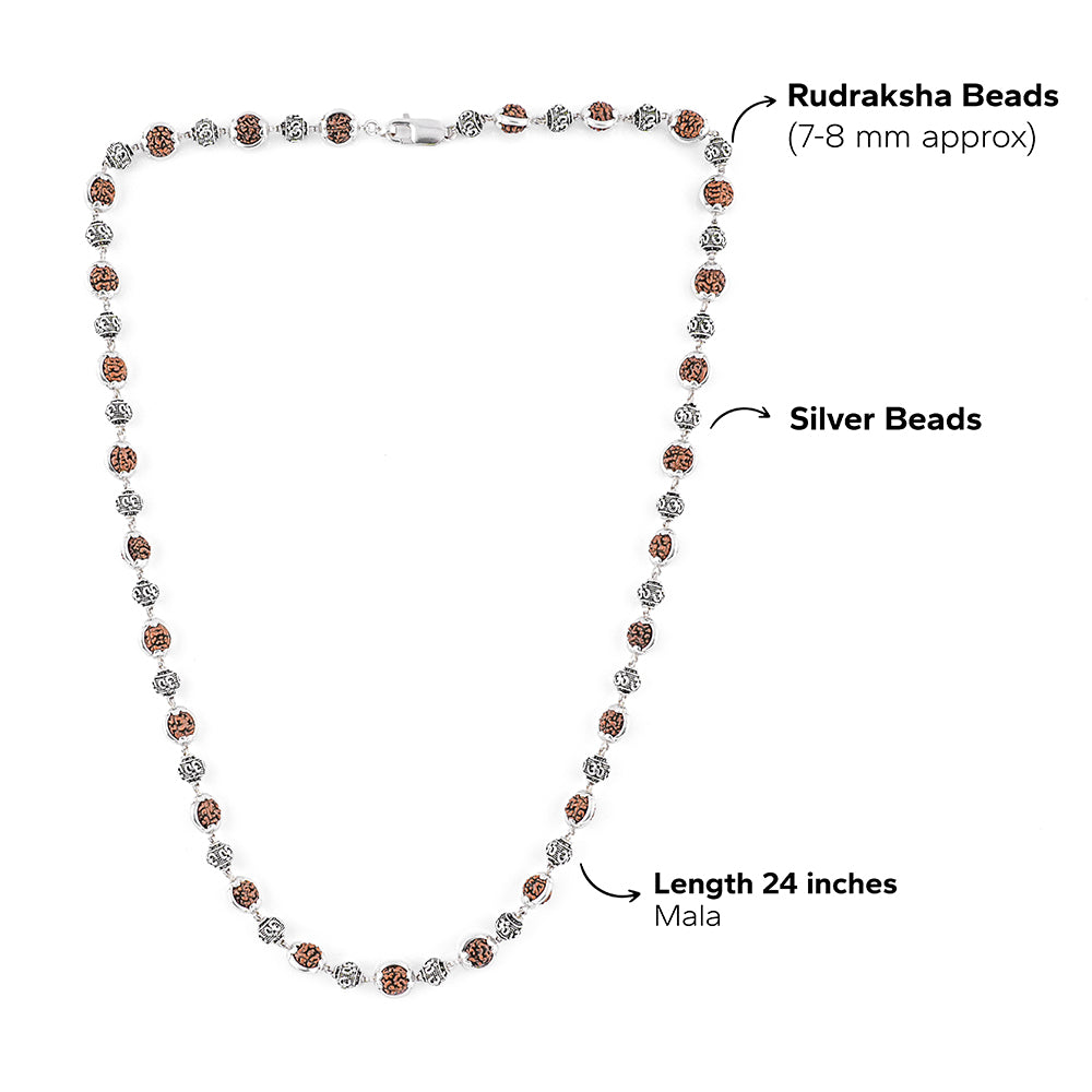 Rudraksha Capping Silver Mala (Om Beads)