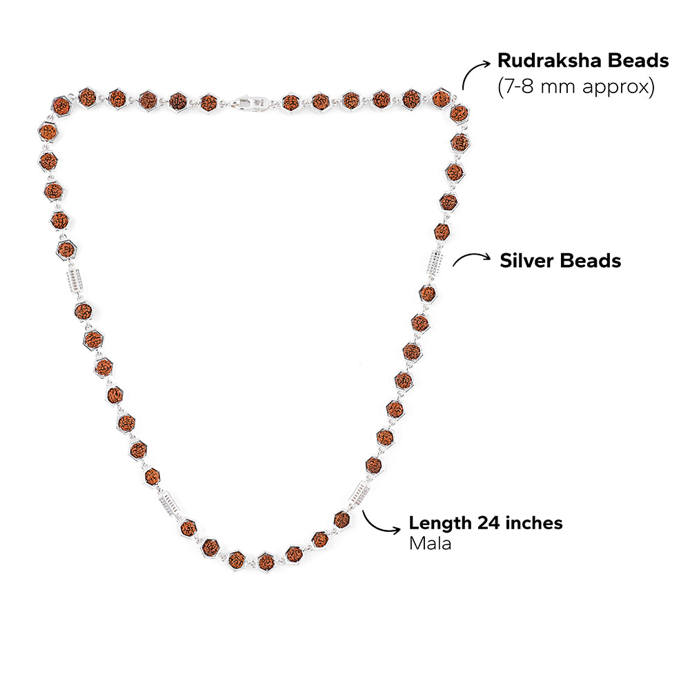 Rudraksha Silver Mala (Hexagon Ring With Cylinder)