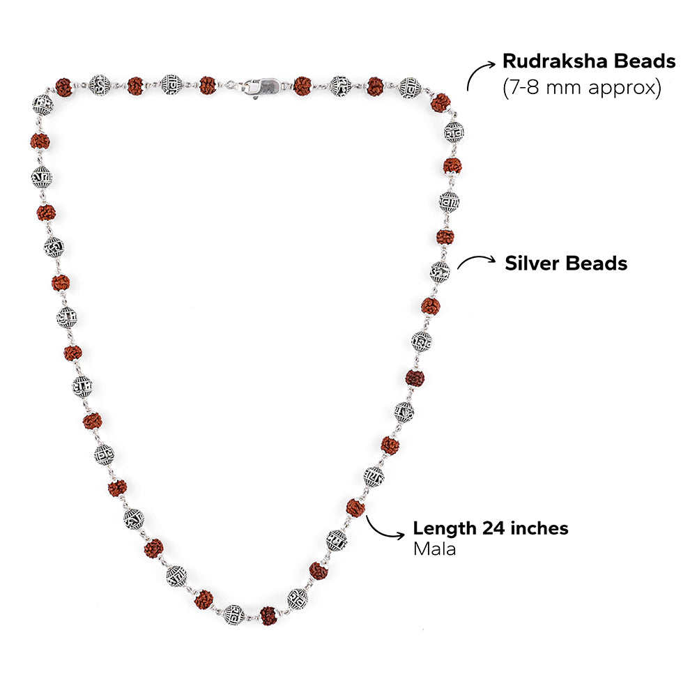 Rudraksha and Om Namah Shivay silver beads mala