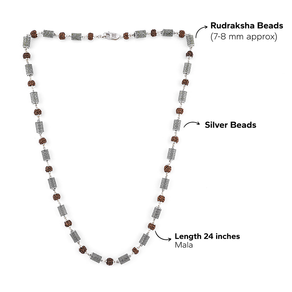 Rudraksha Silver Mala (Cylindrical Beads)