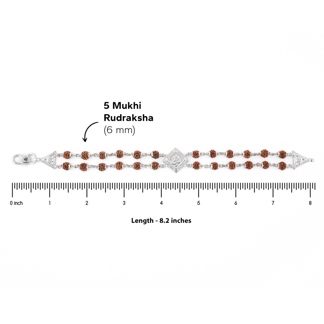 Silver Rakhi with Rudraksha, Om, and Rhombus Double Line Design